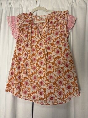 Bindu Pink Floral Ruffle Flutter Tunic Blouse Boho Size Small Retail $190